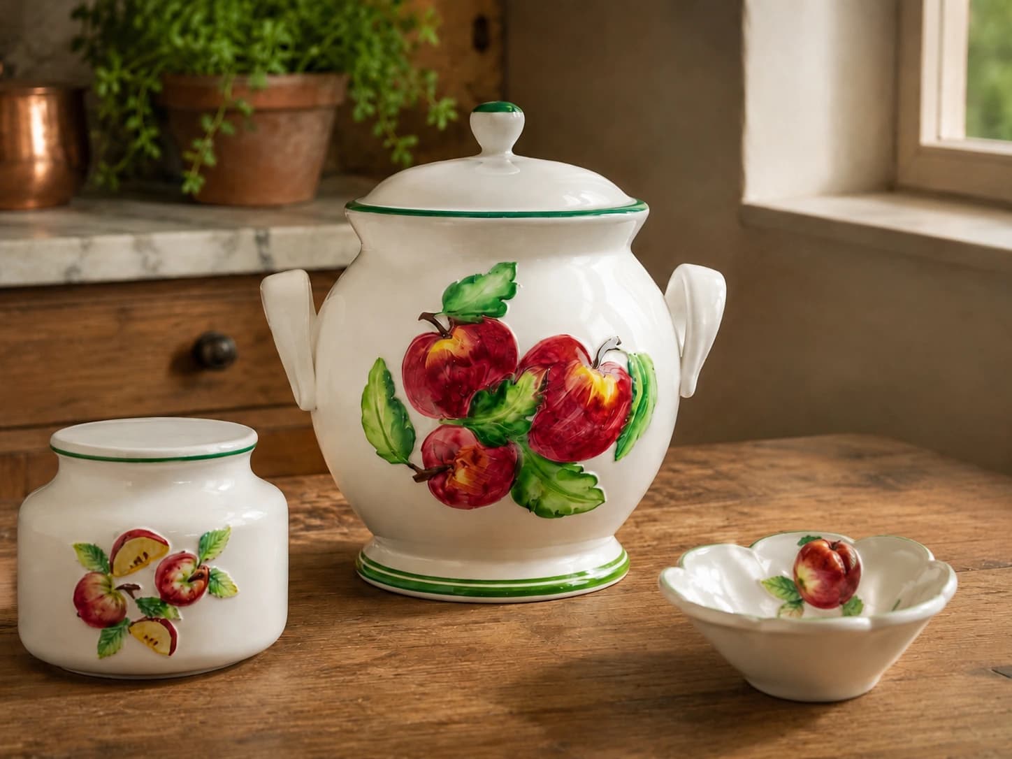 Teiera, tazze e contenitori in ceramica con frutta