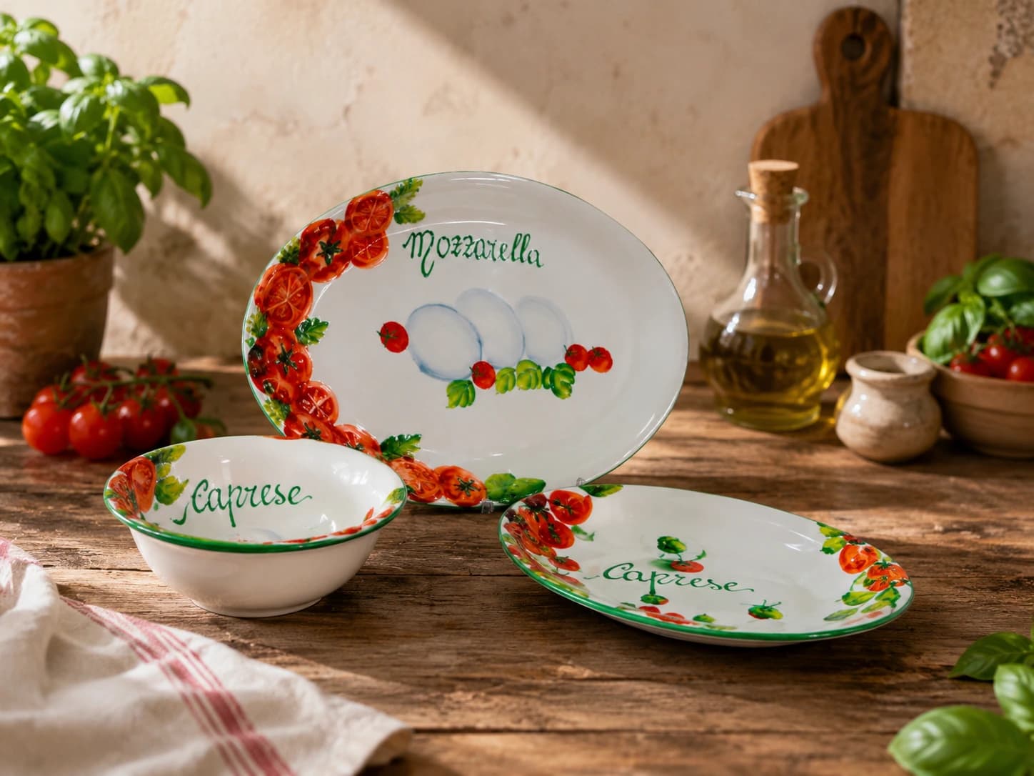 Vassoio caprese e piatti con pomodori dipinti