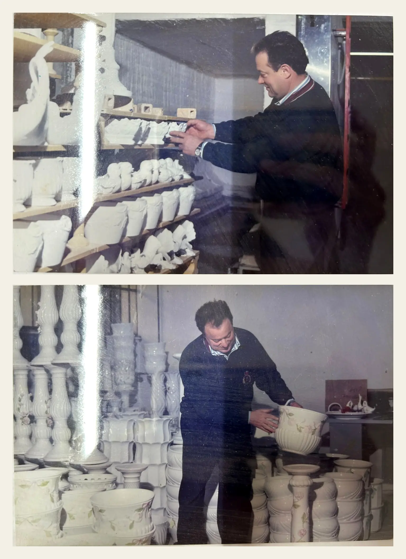 Due fotografie storiche di Bruno Bressan al lavoro in laboratorio tra ceramiche ancora da decorare
