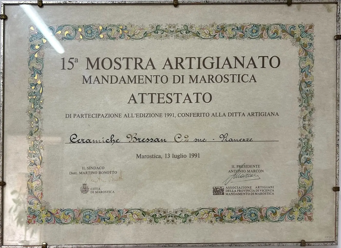 Attestato della quindicesima Mostra dell'Artigianato di Marostica del 1991